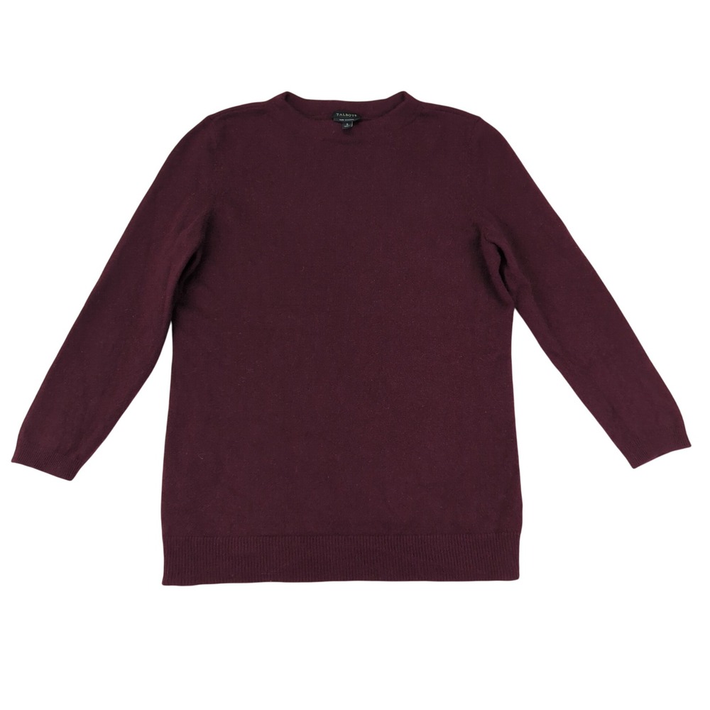 Talbots 100% Cashmere Burgundy Funnel Neck Sweater Women Small Maroon 3/4 Sleeve